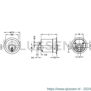 Evva meubelcilinder 31 mm lang NL diameter 25 mm stiftsleutel conventioneel plan messing vernikkeld MRT25-31-NL-HS