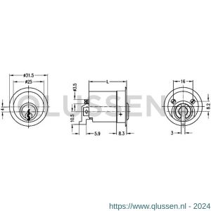 Evva meubelcilinder 31 mm lang TSC diameter 25 mm stiftsleutel conventioneel verschillend sluitend messing vernikkeld MR25-31-TSC-NI