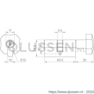 Nemef dubbele Europrofielknopcilinder 133/9P 3 sleutels knop 10 mm en sleutel 20 mm verlengd gelijksluitend BW A000391630