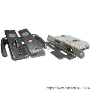Dulimex DX DKS WBS 63 set deurgreep met schild aluminium WC-badkamerslot doornmaat 50 mm ronde voorplaat wit inclusief rechthoekige sluitplaat patentbouten M4x38 mm voor deuren tot en met 40 mm F1 5260.200.6020