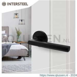 Intersteel Living 0105 deurkruk Hoek 90 graden -vlak op geveerde rozet diameter 55x8 mm met nokken diameter 6x12 mm aluminium zwart 0023.010502