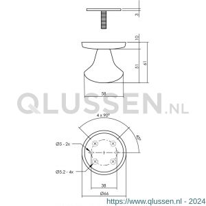 Intersteel Living 3930 voordeurknop vast paddenstoel diameter 58/66 mm éénzijdige montage RVS-mat zwart 0023.393030