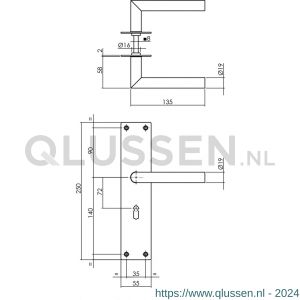 Intersteel Living 0583 deurkruk recht Hoek 90 graden met schild 250x55x2 mm sleutelgat 72 mm RVS 0035.058326