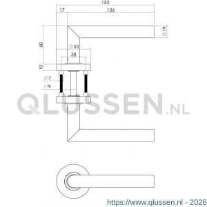 Intersteel Essentials 0763 deurkruk recht Hoek 90 graden brandvertragend 9 mm op rozet met nok 7 mm RVS met profielcilinder plaatje 0035.076305