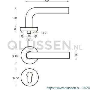 Intersteel Living 1014 deurkruk half rond-Hoek 90 graden op rond rozet met profielcilindergat plaatje RVS 0035.101405