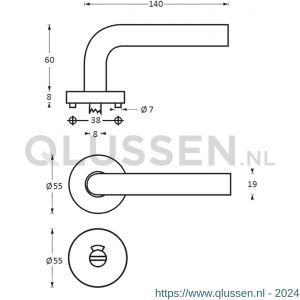 Intersteel Living 1014 deurkruk half rond-Hoek 90 graden op rond rozet met WC 8 mm RVS 0035.101410