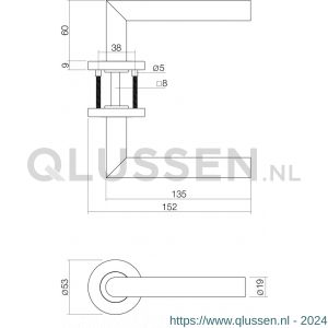 Intersteel 1234 deurkruk Hoek 90 graden basic op rond geveerde rozet diameter 53x9 mm RVS geborsteld 0035.123402