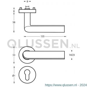 Intersteel Living 1273 deurkruk ovaal Hoek 90 graden op rond rozet staal met 7 mm nok met profielcilindergat plaatje RVS 0035.127305