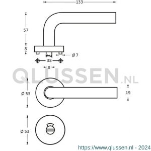 Intersteel Living 1276 deurkruk Lisa 90 graden op rond rozet staal met 7 mm nok met WC 8 mm RVS 0035.127610