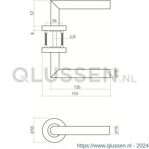 Intersteel Living 1317 deurkruk recht Hoek 90 graden op rond rozet 55 mm plus 7 mm nokken met sleutelgat plaatje RVS EN 1906/4 0035.131703