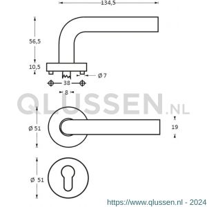 Intersteel Living 1955 deurkruk Gebogen met geveerde rozet met profielcilindergat plaatje ATP RVS 0035.195505