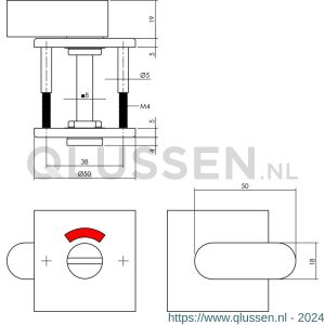 Intersteel Essentials 3432 WC-sluiting 8 mm staal verdekt vierkant 50x50x5 mm met comfortknop RVS 0035.343260