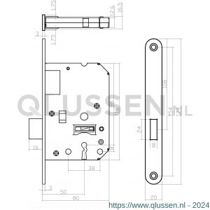Intersteel Essentials 9543 woningbouw klavier kastslot 55 mm voorplaat afgerond RVS 20x174 mm doorn 50 mm met sluitplaat 2 sleutels 0094.954324