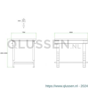 Brakel BL100LB werktafel BL-LB met liggers en bodemlegbord in hoogte verstelbaar 1000x750x645-1000 mm RAL 5009