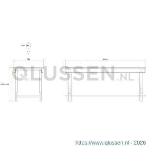 Brakel BL200LB werktafel BL-LB met liggers en bodemlegbord in hoogte verstelbaar 2000x750x645-1000 mm RAL 5009