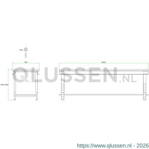 Brakel BL250LB werktafel BL-LB met liggers en bodemlegbord in hoogte verstelbaar 2500x750x645-1000 mm RAL 5009