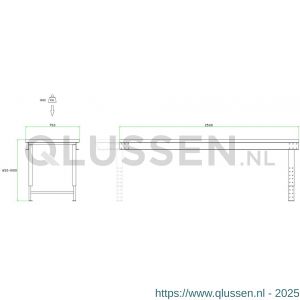 Brakel BL250LA werktafel aanbouw BL-LA met liggers zonder bodemlegbord in hoogte verstelbaar 2500x750x645-1000 mm RAL 5009