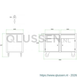 Brakel BM220 werkbank BM verrijdbaar 2 deuren 450 mm en 2 laden 150 mm 1150x600x817 mm RAL 5009-7035