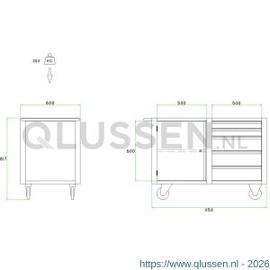 Brakel BM221 werkbank BM verrijdbaar 1 deur 600 mm en 5 laden 2x 75 mm en 3x 150 mm 1150x600x817 mm RAL 5009-7035