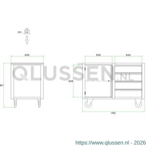 Brakel BM411 werkbank BM verrijdbaar 1 deur 600 mm en 4 laden 150 mm 1150x600x817 mm RAL 5009-7035