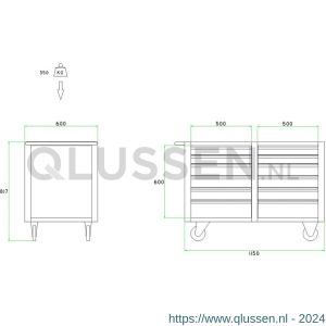 Brakel BM600 werkbank BM verrijdbaar 12 laden 4x 75 mm, 6x 100 mm en 2x 150 mm 1150x600x817 mm RAL 5009-7035