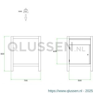 Brakel BW60.02 werkbankblok BW60 model BO-2 1 deur 450 mm en 1 lade 150 mm 600x700x820 mm RAL 5009-7035