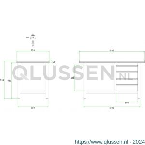 Brakel BW115.02 werkbank BW115 model BW 1-G 2-vaks 4 laden 150 mm en 1 vak open 1200x750x860 mm RAL 5009-7035