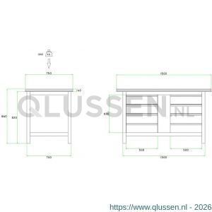 Brakel BW115.04 werkbank BW115 model BW 1-J 2-vaks 8 laden 150 mm 1200x750x860 mm RAL 5009-7035