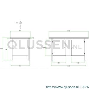 Brakel BW115.05 werkbank BW115 model BW 1-K 2-vaks 2 deuren 600 mm 1200x750x860 mm RAL 5009-7035