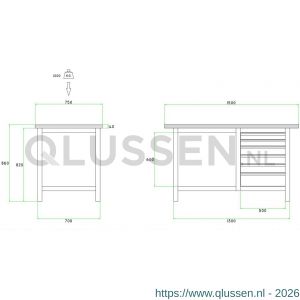Brakel BW115.08 werkbank BW115 model BW 1-N 2-vaks 6 laden 2x 75 mm, 3x 100 mm, 1x 150 mm en 1 vak open 1200x750x860 mm RAL 5009-7035