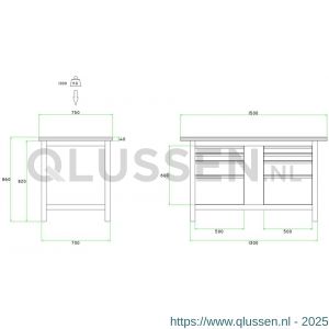 Brakel BW115.12 werkbank BW115 model BW 1-T 2-vaks 8 laden 4x 75 mm, 2x 150 mm en 2x 300 mm 1200x750x860 mm RAL 5009-7035