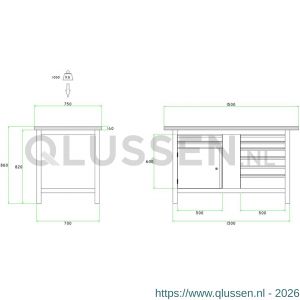 Brakel BW115.09 werkbank BW115 model BW 1-P 2-vaks 1 deur 450 mm en 8 laden 4x 75 mm, 3x 100 mm en 1x 150 mm 1200x750x860 mm RAL 5009-7035