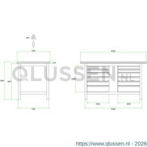 Brakel BW115.11 werkbank BW115 model BW 1-S 2-vaks 12 laden 4x 75 mm, 6x 100 mm en 2x 150 mm 1200x750x860 mm RAL 5009-7035