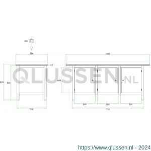 Brakel BW170.05 werkbank BW170 model BW 2-K 3-vaks 3 deuren 600 mm 2000x750x860 mm RAL 5009-7035