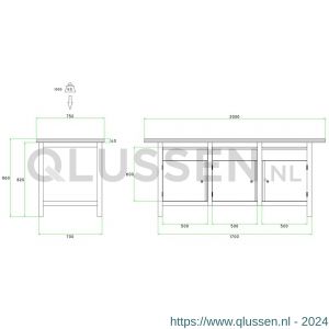 Brakel BW170.06 werkbank BW170 model BW 2-L 3-vaks 3 deuren 450 mm en 3 laden 150 mm 2000x750x860 mm RAL 5009-7035