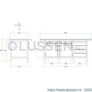 Brakel BW170.07 werkbank BW170 model BW 2-N 3-vaks 2 deuren 450 mm en 8 laden 4x 75 mm en 4x 150 mm 2000x750x860 mm RAL 5009-7035