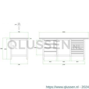 Brakel BW170.09 werkbank BW170 model BW 2-S 3-vaks 12 laden 8x 75 mm, 4x 150 mm en 1 vak open 2000x750x860 mm RAL 5009-7035