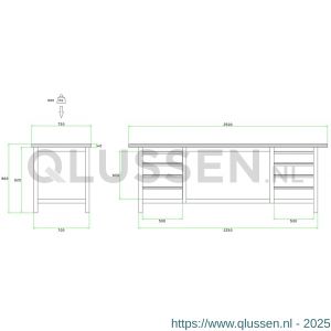 Brakel BW225.00 werkbank BW225 model BW 3-H 4-vaks 8 laden 150 mm en 1 vak open 2500x750x860 mm RAL 5009-7035