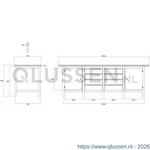 Brakel BW225.01 werkbank BW225 model BW 3-I 4-vaks 2 deuren 600 mm en 8 laden 150 mm 2500x750x860 mm RAL 5009-7035
