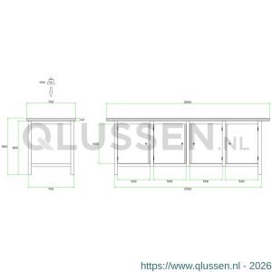 Brakel BW225.03 werkbank BW225 model BW 3-K 4-vaks 4 deuren 600 mm 2500x750x860 mm RAL 5009-7035