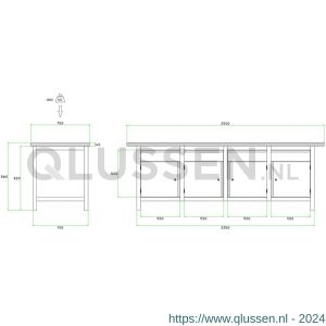 Brakel BW225.04 werkbank BW225 model BW 3-L 4-vaks 4 deuren 450 mm en 4 laden 150 mm 2500x750x860 mm RAL 5009-7035