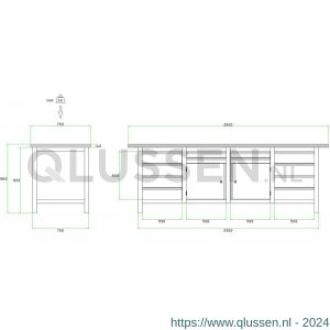 Brakel BW225.05 werkbank BW225 model BW 3-N 4-vaks 2 deuren 450 mm en 12 laden 4x 75 mm en 8x 150 mm 2500x750x860 mm RAL 5009-7035