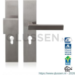GPF Bouwbeslag RVS 9311.72 veiligheidsgarnituur SKG*** 248x52 mm rechthoekig PC72 met vaste knop GPF9858.09 en deurkruk GPF1302 RVS geborsteld GPF931109042