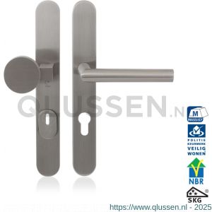 GPF Bouwbeslag RVS 9327.92 L veiligheidsgarnituur SKG*** 257x35 mm small massief afgerond met kerntrek PC92 met vaste knop GPF9206.09 linkswijzend + deurkruk GPF1015 RVS geborsteld GPF932709562