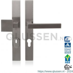 GPF Bouwbeslag RVS 9337.72 L veiligheidsgarnituur SKG*** 257x35 mm smal massief rechthoekig met kerntrek PC72 met vaste knop GPF9208.09 linkswijzend en deurkruk 1302 RVS geborsteld GPF933709542