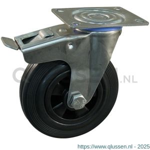 Protempo serie 01-30 zwenk transportwiel plaatbevestiging dubbele rem naloop RVS gaffel PP velg standaard zwarte rubberen band 80 mm rollager RVS 201.089.306.500