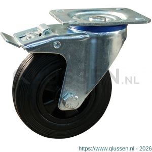 Protempo serie 01-12 zwenk transportwiel plaatbevestiging dubbele rem naloop stalen gaffel PP velg standaard zwarte rubberen band 100 mm glijlager 201.101.126.500
