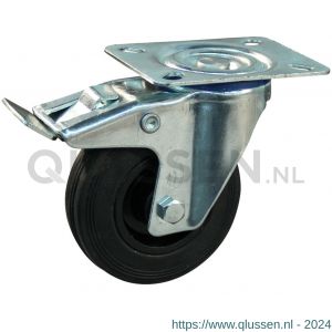 Protempo serie 01-13 zwenk transportwiel plaatbevestiging dubbele rem naloop stalen gaffel PP velg standaard zwarte rubberen band 100 mm rollager 201.102.136.500