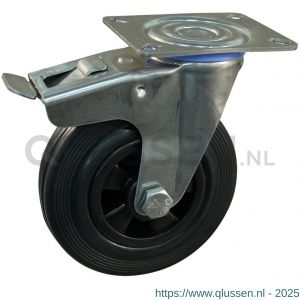 Protempo serie 01-30 zwenk transportwiel plaatbevestiging dubbele rem naloop RVS gaffel PP velg standaard zwarte rubberen band 125 mm glijlager 201.121.306.500