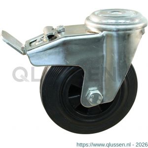 Protempo serie 01-31 zwenk transportwiel boutgat dubbele rem naloop RVS gaffel PP velg standaard zwarte rubberen band 125 mm glijlager 201.121.310.512